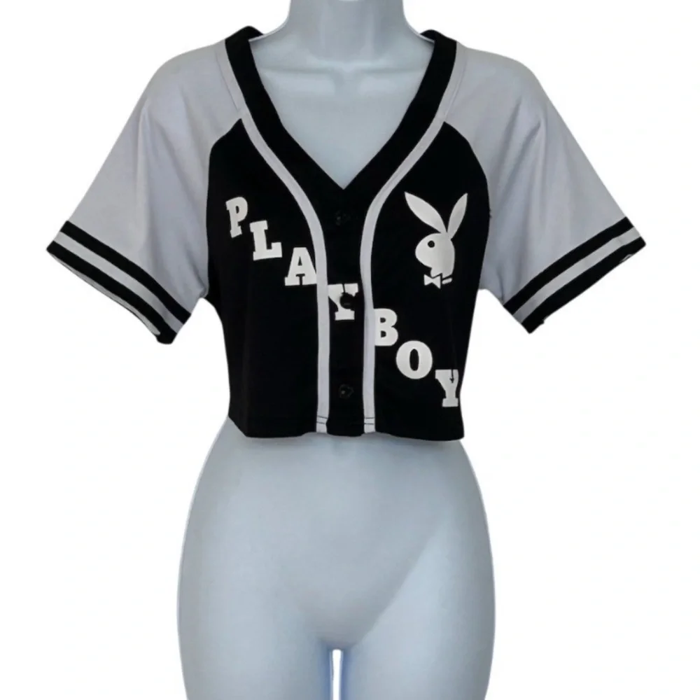 Playboy Cropped Baseball Jersey Top Women Size L Black White Button Front Logo - Picture 1 of 3